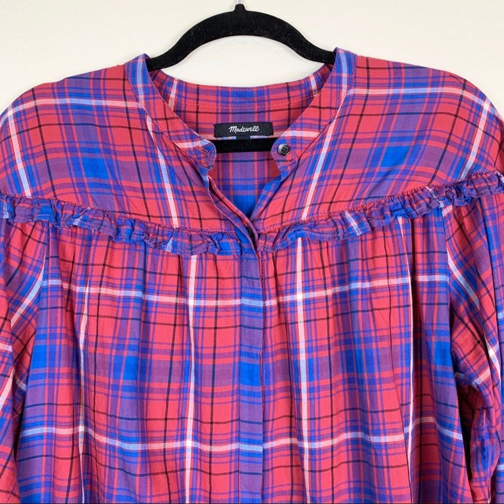 Madewell Red Blue Plaid Ruffle Button Down Shirt Womens Large - Picture 4 of 8